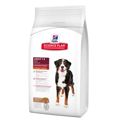 Hill's Science Plan Adult 1–5 Advanced Fitness Large Breed, Lamb with Rice -koiranruokapakkaus, kuvassa berninpaimenkoira ja tuotetietoja englanniksi.