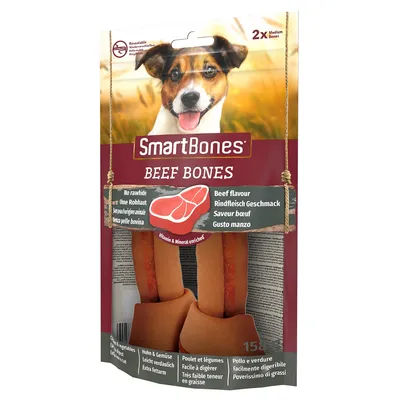 SmartBones Beef Bones, brez surove kože, okus govedine, obogatene z vitamini in minerali, lahko prebavljive, posebej z nizko vsebnostjo maščob. Paket vsebuje 2 srednje velika kosti.