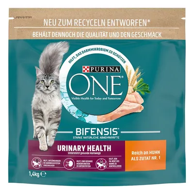 Purina ONE Bifensis Urinary Health, 1,4 kg. Widoczny kot, ilustracja kurczaka i ziół. Tekst: Reich an Huhn als Zutat Nr. 1, wspiera zdrowe drogi moczowe. Opakowanie po niemiecku.