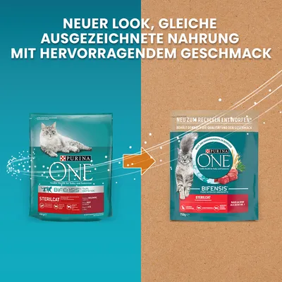 Comparaison de l’ancien et du nouveau packaging Purina ONE Bifensis Sterilcat pour chat, texte en allemand : 'Neuer Look, gleiche ausgezeichnete Nahrung mit hervorragendem Geschmack'.