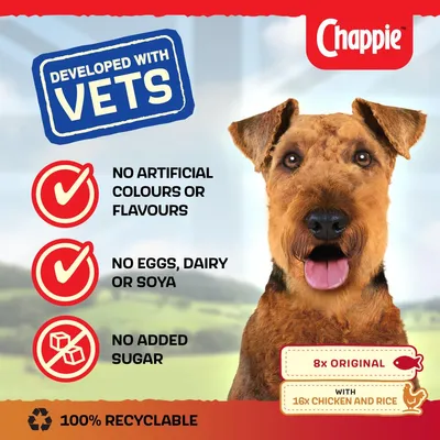 Developed with vets. No artificial colours or flavours, no eggs, dairy or soya, no added sugar. 8x original with 16x chicken and rice. 100% recyclable.