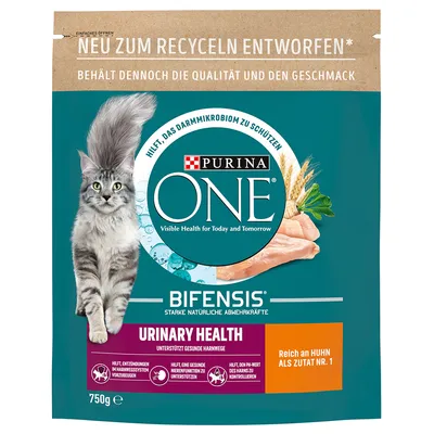 Purina ONE Bifensis hrană pentru pisici Urinary Health, susține sănătatea tractului urinar, bogată în pui ca ingredient principal, 750g, ambalaj reciclabil.