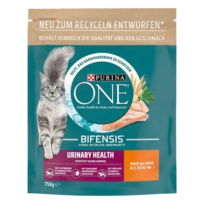 Purina ONE Bifensis Urinary Health, 750 g. Widoczny kot, zboża i tekst: „Reich an Huhn als Zutat Nr. 1”, „Hilft, das Darmmikrobiom zu schützen”. Opakowanie w języku niemieckim.