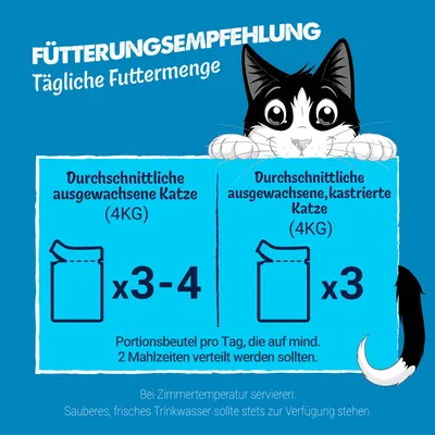 Recommandation d’alimentation : Chat adulte moyen (4 kg), 3 à 4 sachets par jour ; chat stérilisé (4 kg), 3 sachets par jour, répartis en 2 repas.