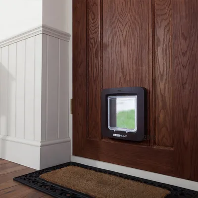 Chatière SureFlap en plastique installée sur une porte en bois, avec volet transparent et cadre noir visible en bas de la porte.