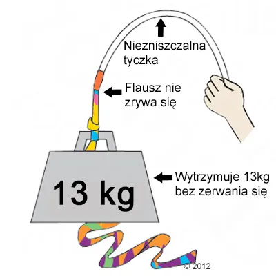 Ilustracja wytrzymałości: flauszowa zabawka z niezniszczalną tyczką utrzymuje ciężar 13 kg, teksty: „Flausz nie zrywa się”, „Wytrzymuje 13 kg bez zerwania się”.