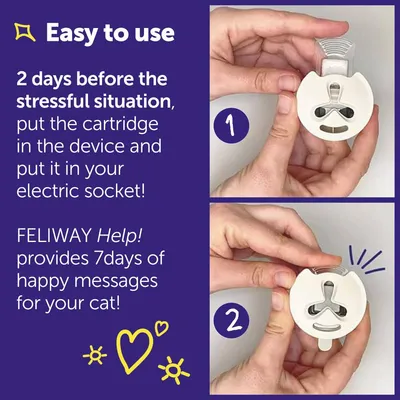 Instructions: Two days before a stressful situation, insert the cartridge into the device and plug it into your socket. FELIWAY Help! provides seven days of happy messages for your cat.
