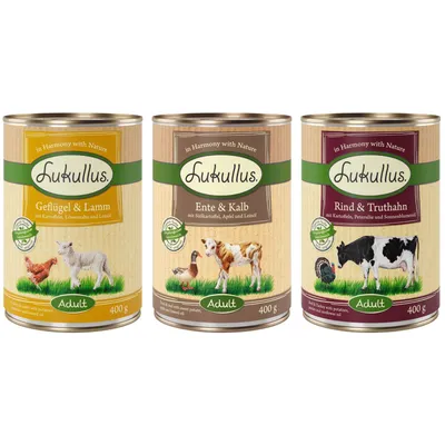 Lukullus konzerv kutyaeledel 3 féle: Geflügel & Lamm, Ente & Kalb, Rind & Truthahn, mindegyik 400 g, Adult felirattal. Címkén állatok és összetevők németül.