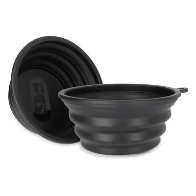 Bol negru pliabil din silicon cu logo Tiaki, ideal pentru călătorii.