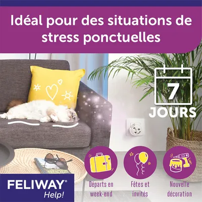 Idéal pour des situations de stress ponctuelles, 7 jours. Départs en week-end, fêtes et invités, nouvelle décoration. FELIWAY Help!