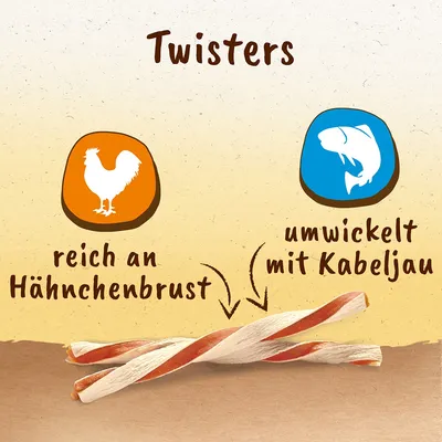 Twisters, reich an Hähnchenbrust, umwickelt mit Kabeljau. Texte en allemand indiquant richesse en blanc de poulet et enroulé de cabillaud, avec deux friandises torsadées visibles.