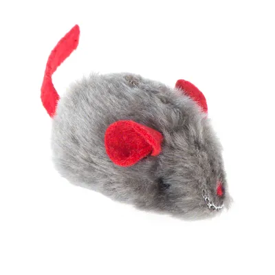 Giocattolo in peluche grigio a forma di topo con orecchie in feltro rosse e coda rossa.