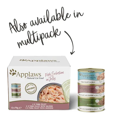 Applaws Natural Cat Food Fish Selection in Jelly -pakkaus ja kolme 70 g kissanruokapurkkia. Teksti englanniksi: Also available in multipack.