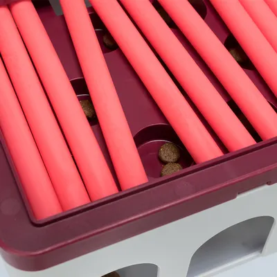 Detail plastového hlavolamu pro domácí mazlíčky s růžovými tyčemi a granulemi v přihrádkách.