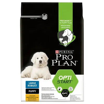 Опаковка Purina Pro Plan Opti Start за кученца от едри породи, с надпис Large Robust Puppy и информация за високо съдържание на пиле. Видими лога и текстове на английски и руски.