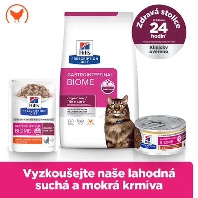 Hill's Prescription Diet Gastrointestinal Biome pre mačky, digestive/fibre care, suché a mokré krmivo s kuracím. Klinicky potvrdené: zdravá stolica do 24 hodín. Hill's Prescription Diet Gastrointestinal Biome pre mačky, digestive/fibre care, suché a mokré krmivo s kuracím. Klinicky potvrdené: zdravá stolica do 24 hodín.