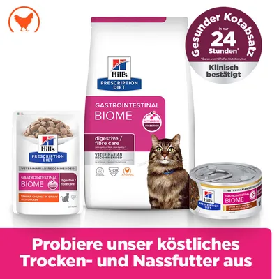 Hill's Prescription Diet Gastrointestinal Biome Trocken- und Nassfutter, klinisch bestätigt für gesunden Kotabsatz in nur 24 Stunden. Probiere unser köstliches Trocken- und Nassfutter aus. Hill's Prescription Diet Gastrointestinal Biome Trocken- und Nassfutter, klinisch bestätigt für gesunden Kotabsatz in nur 24 Stunden. Probiere unser köstliches Trocken- und Nassfutter aus.