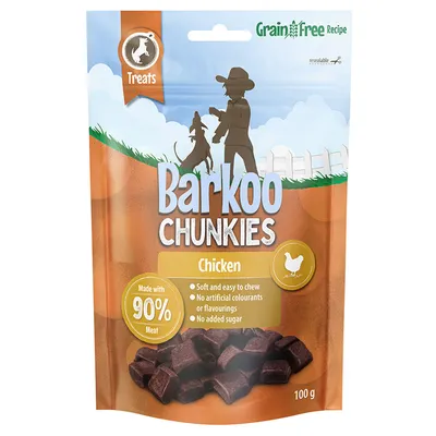 Barkoo Chunkies Chicken, 100g. Rețetă fără cereale, cu 90% carne. Moale și ușor de mestecat, fără coloranți sau arome artificiale, fără adaos de zahăr.