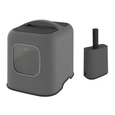 Gesloten kattenbak van grijs plastic met transparant deurtje en handvat, naast bijpassende schep in houder. Merknaam niet zichtbaar.