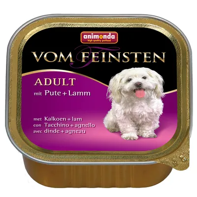 animonda Vom Feinsten ADULT mit Pute + Lamm, comida húmida para cães adultos, peru e cordeiro. Texto em alemão, neerlandês, italiano e francês visível na embalagem.
