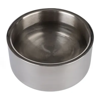 Metalowa miska ze stali nierdzewnej, okrągła, bez widocznych oznaczeń ani dekoracji.