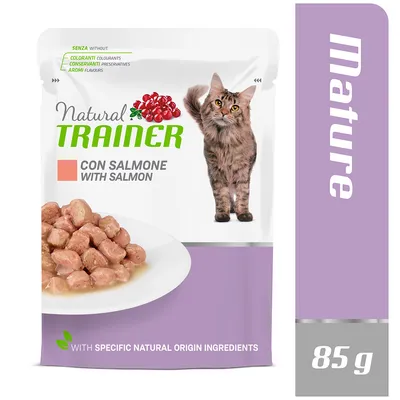 Natural Trainer hrană pentru pisici cu somon, 85 g. Fără coloranți, conservanți și arome. Cu ingrediente naturale specifice. Pentru pisici mature.