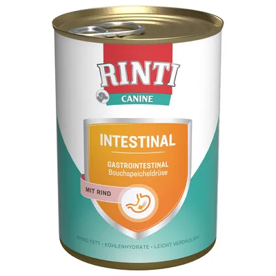 Conservă Rinti Canine Intestinal, text vizibil: Gastrointestinal Bauchspeicheldrüse, mit Rind. Mențiuni: wenig Fett, Kohlenhydrate, leicht verdaulich.