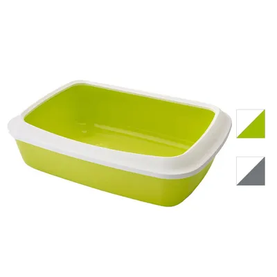 Kattenbak van kunststof in groen met witte rand, rechthoekig model. Twee kleurvarianten zichtbaar: groen-wit en grijs-wit.