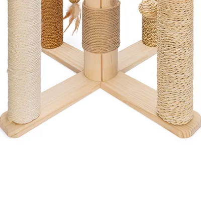 Cat tree made of light wood with four sisal-wrapped posts and toy feathers. Suitable for cat claw care.