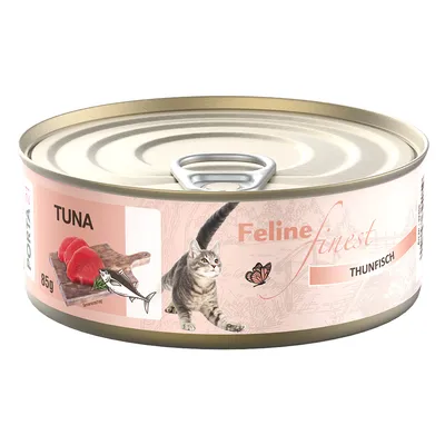 Porta 21 Feline Finest tunfisk, 85g dåse. Billede af frisk tunfisk og kat på emballagen.