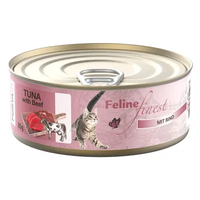 Porta 21 Feline Finest dåse, 85g, med tunfisk og oksekød. Billede af kødstykker, ko og kat på lyserød baggrund.