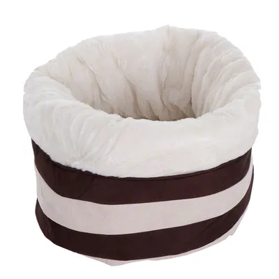 Rundes Kuschelbett mit weichem, weissem Plüsch-Innenfutter und braun-beigem Streifendesign aussen.