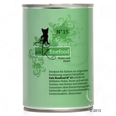 Консерва за котки Catz finefood No 15. Видим текст: Huhn und Fasan. Описание на немски език, включително съставки и гаранции за отсъствие на консерванти и оцветители.