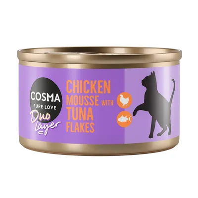 Cosma Pure Love Duo Layer. Pileći mousse s komadićima tune. Ljubičasta limenka sa siluetom mačke i ikonama za piletinu i ribu.