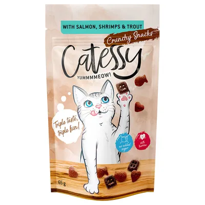 Catessy Crunchy Snacks mit Lachs, Garnelen und Forelle. Triple taste, triple fun! Ohne Zuckerzusatz, mit Taurin. Packungsgrösse: 65 g.
