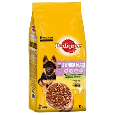 Sac Pedigree Junior Maxi 15 kg, croquettes visibles, mentions Waltham, 2–18 mois, ingrédients naturels, sans volaille, avec calcium et riz. Texte en anglais sur la composition.
