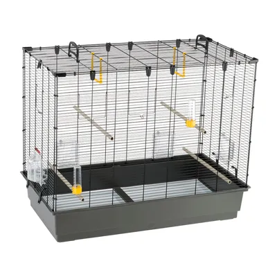 Wire cage with plastic base, three wooden perches, two clear water dispensers and two yellow feeders attached inside. Suitable for housing small animals or birds.