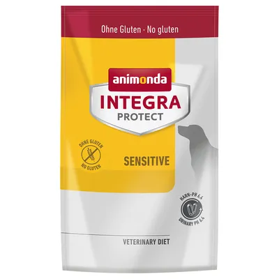 Animonda Integra Protect Sensitive, bez glutenu, pH moczu 6,4, Veterinary Diet. Opakowanie w żółto-białym wzorze.