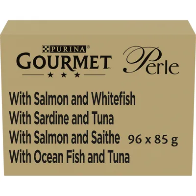 Gourmet Perle selection: with salmon and whitefish, sardine and tuna, salmon and saithe, ocean fish and tuna. Pack contains 96 x 85g.