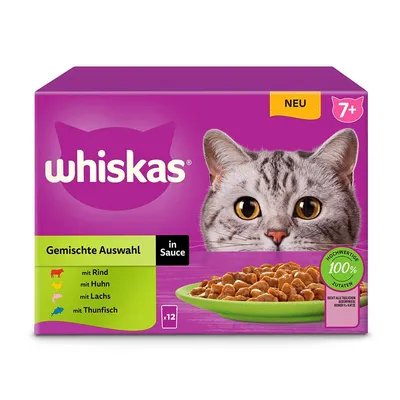 Whiskas vegyes válogatás szószban, 7 év feletti macskáknak. Fajták: marha, csirke, lazac, tonhal. 12 adag tasak, 100% minőségi összetevők.