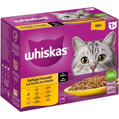 Whiskas kattenvoer, Geflügel Auswahl in saus, 12 stuks. Tekst: 100% compleet, geschikt voor katten vanaf 1 jaar. Smaken: kip, eend, gevogelte, kalkoen. Verpakking toont grijze kat.