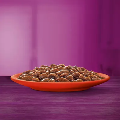 Plato naranja con trozos de comida húmeda para mascotas en salsa, sobre superficie morada. No se muestra marca ni envase.