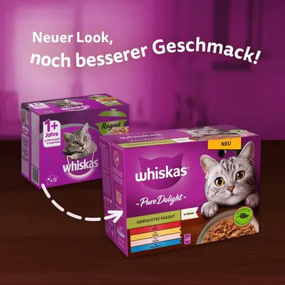 Whiskas Pure Delight Gemischtes Ragout in Gelee, für Katzen ab 1 Jahr. Neuer Look, noch besserer Geschmack. Packung mit 12 Portionsbeuteln. Sorten: Rind, Huhn, Lachs, Thunfisch.