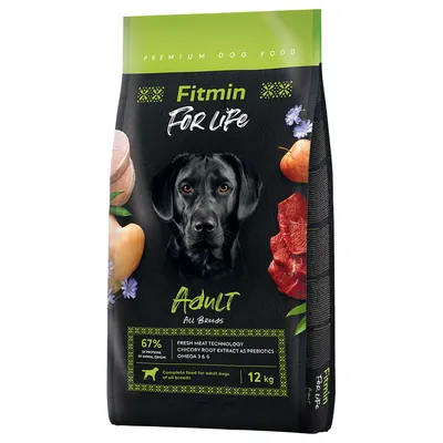 Fitmin For Life Adult All Breeds, premium τροφή σκύλου, 67% ζωική πρωτεΐνη, εκχύλισμα ρίζας κιχωρίου, ωμέγα 3 & 6, 12 kg. Πλήρης τροφή για ενήλικους σκύλους όλων των φυλών.