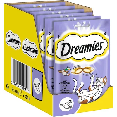 Dreamies priboljški za mačke z okusom race, pakiranje po 60g, skupna teža 360g. Embalaža prikazuje igrivo mačko in motiv race.
