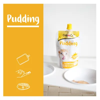 GimCat Pudding kalciummal, 90% valódi tejből. A csomagoláson macska és a termék tálban látható. Sárga háttér, alkalmazási illusztrációkkal.