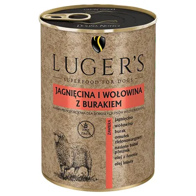 Luger's Superfood for Dogs. Pełnoporcjowa karma z jagnięciną, wołowiną i burakiem. Zawiera: jagnięcina, wołowina, burak, zielony owies, nasiona babki, olej z łososia, olej lniany. Bez zbóż.