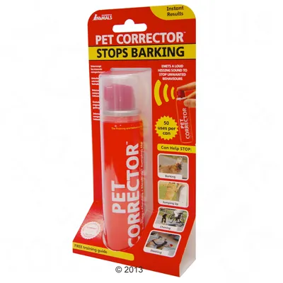 PET CORRECTOR STOPS BARKING, sprej s nápisem 50 uses per can. Text: Can Help STOP: Barking, Jumping Up, Chasing, Stealing. Instant Results. FREE training guide.