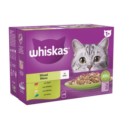 Whiskas Mixed Menu in jelly, 12 pack with beef, chicken, salmon and tuna. For age 1+. Label states 100% high quality ingredients and meets daily needs.