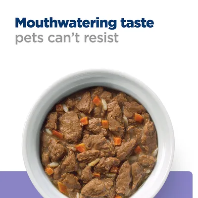 Bowl of chunky pet food with visible meat and vegetables, accompanied by the text: Mouthwatering taste pets can’t resist.